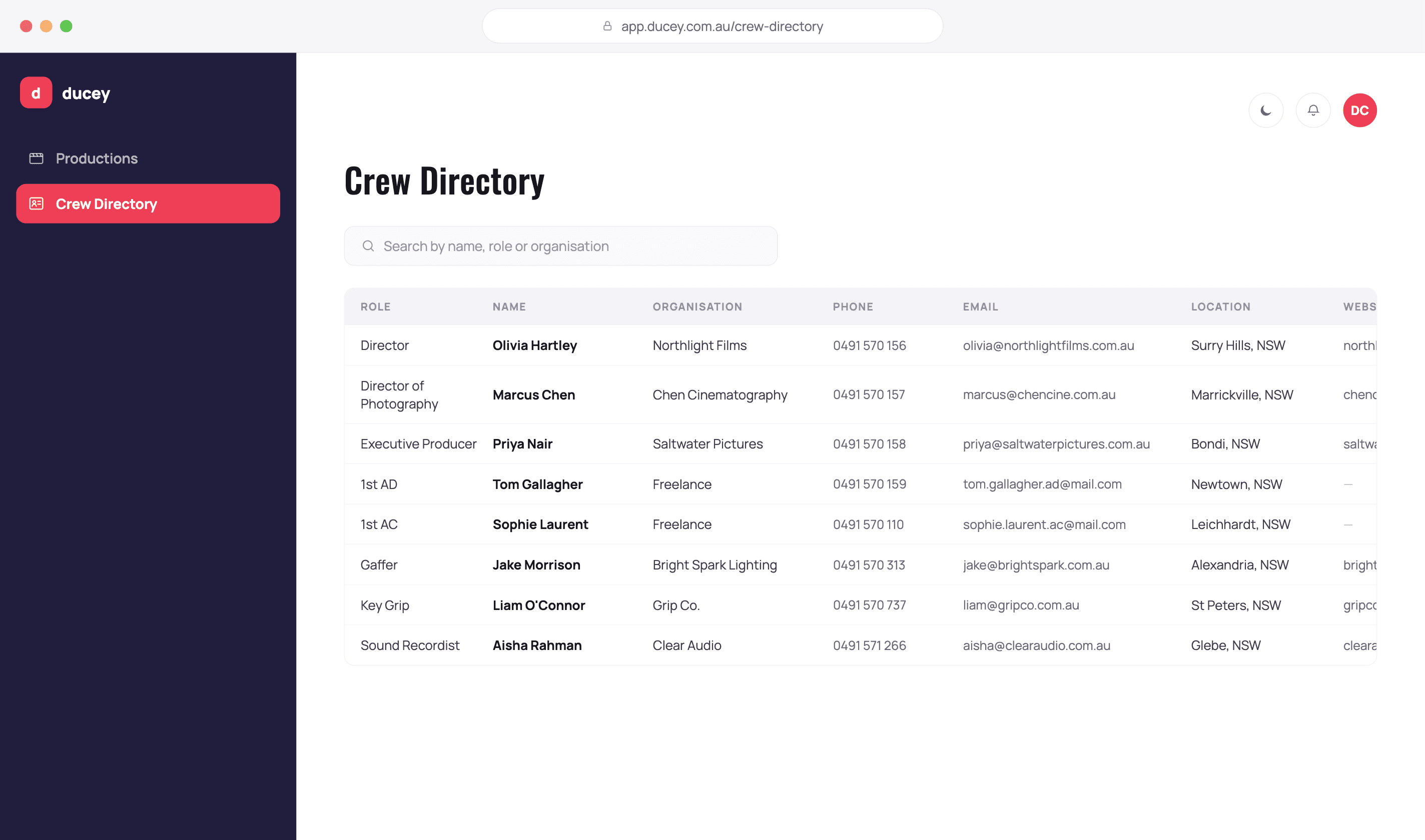 ducey crew directory with saved crew contacts